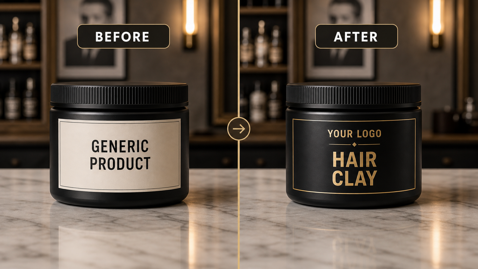 Before and after private label barber product mockup showing generic product and YOUR LOGO hair clay