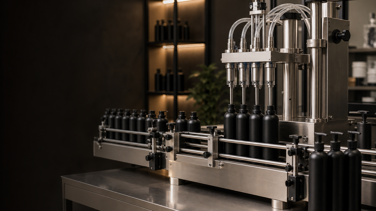 Flexible compact filling line for small private label barber product runs