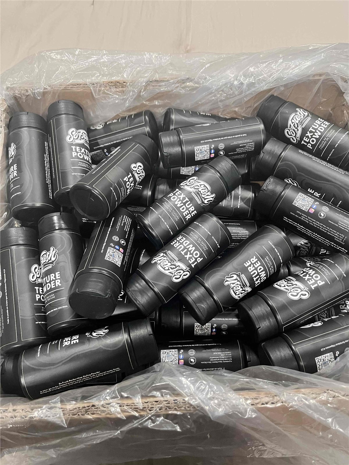 Finished private label texture powder products ready for delivery
